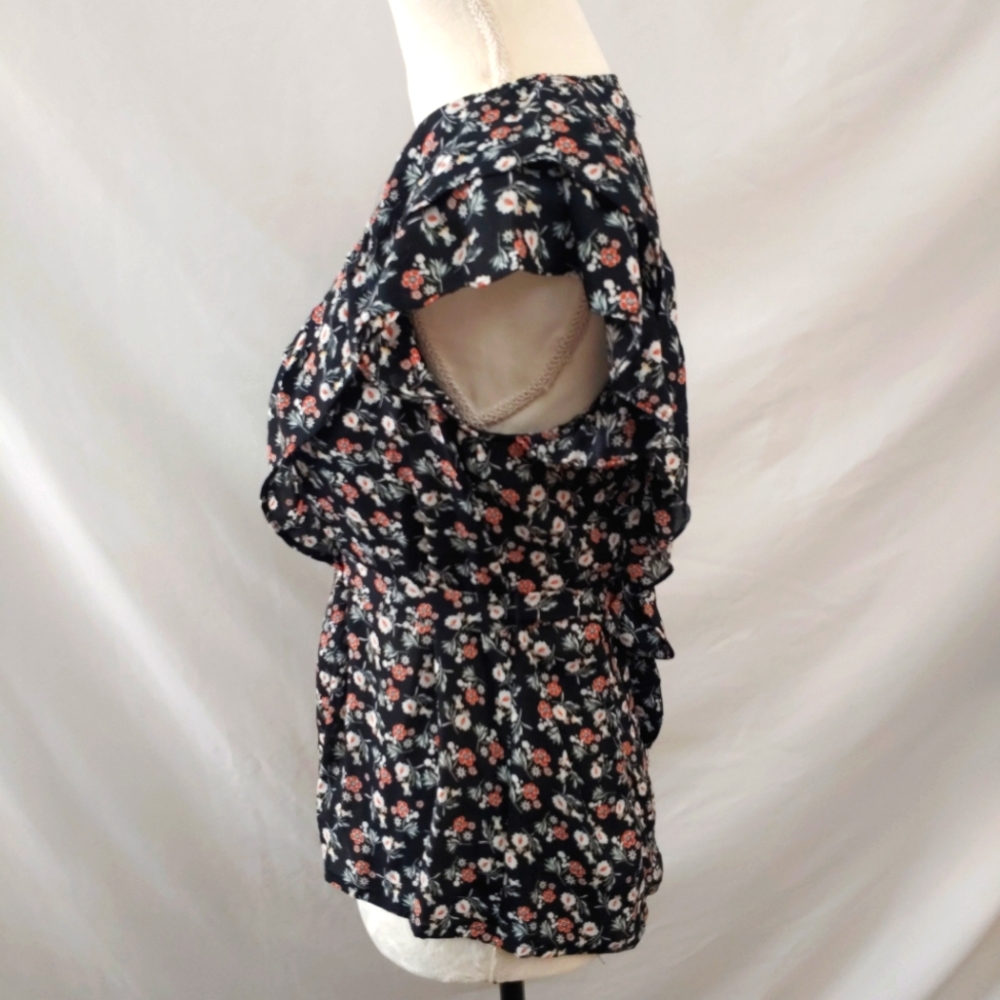 MaxStudio Flutter Sleeve Black Floral Print Top Blouse Size Small - Picture 5 of 7